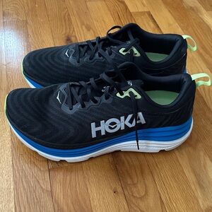 Hoka Men's Black Running Shoes with Blue Midsole and Lime Accents